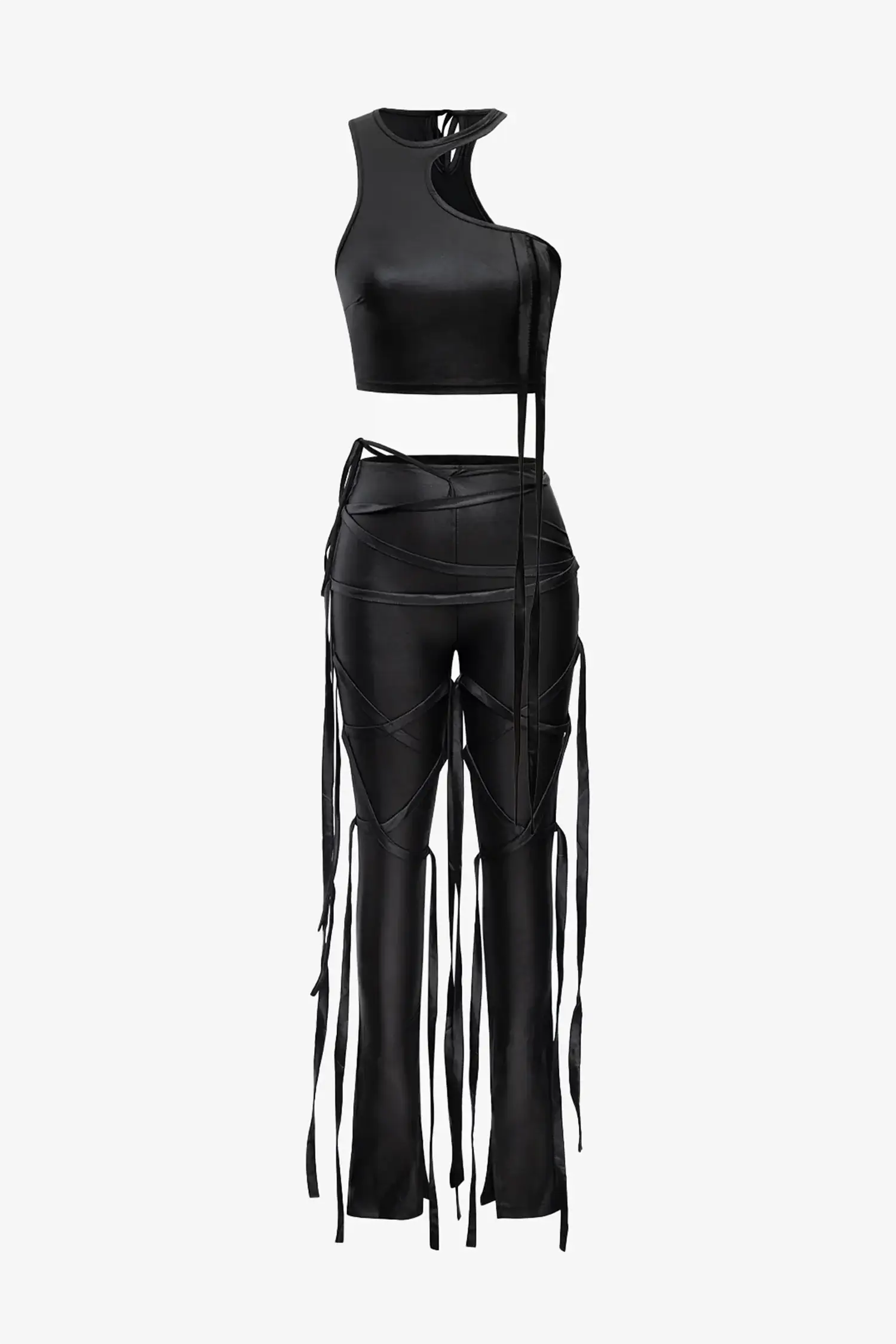 Black Lace-Up Two Piece Pants Set Outfit Sets