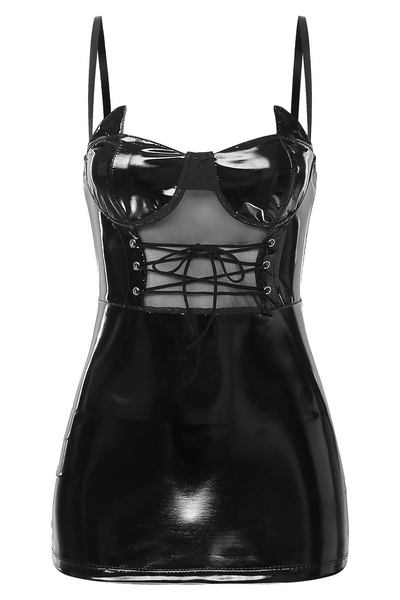 Classy Black Women Adjustable Drawstring Ruched Mini Leather Dress