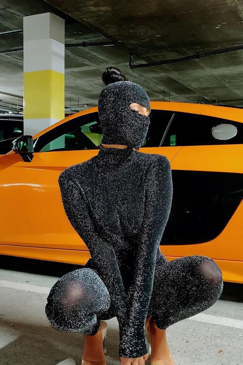 Backless Black glitter jumpsuit with balaclava