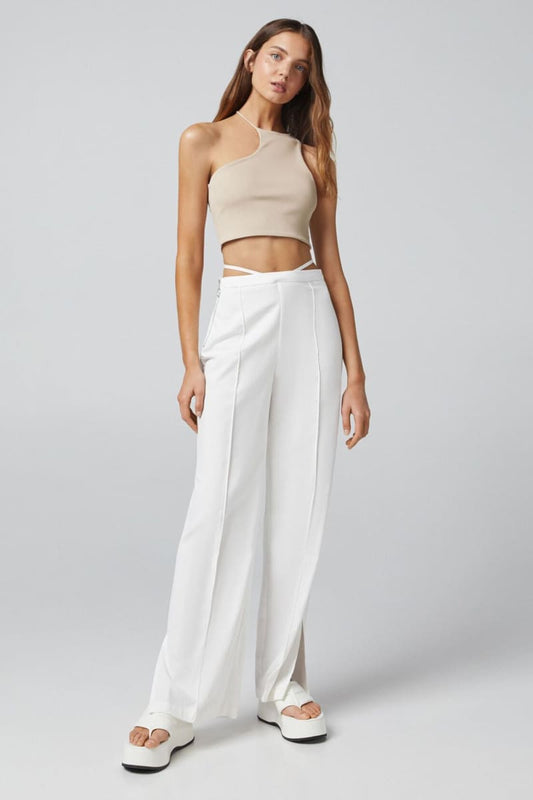 Beige Asymmetrical Halter One Shoulder Crop Top Shirts & Tops