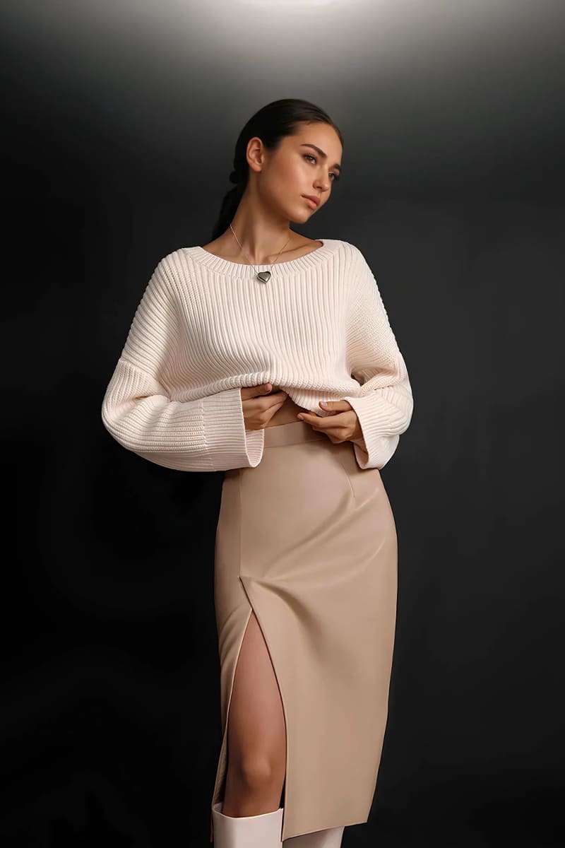 Beige Leather Pencil Midi Skirt With Thigh Split