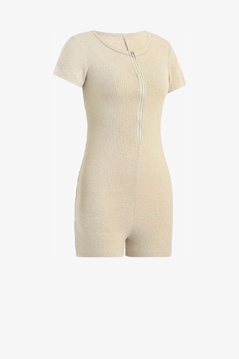 Beige Ribbed Short Sleeve Zip-Up Romper