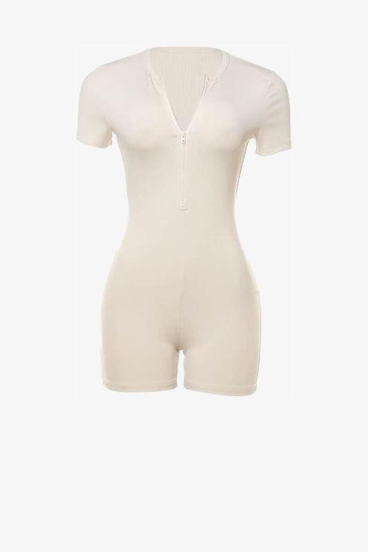 Beige Ribbed Short Sleeve Zip-Up Romper