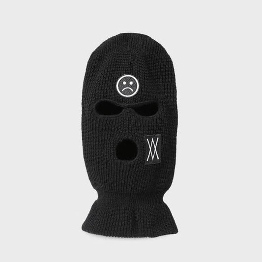 Black 3 Holes Balaclava With Sad Face Embroidery Balaclava