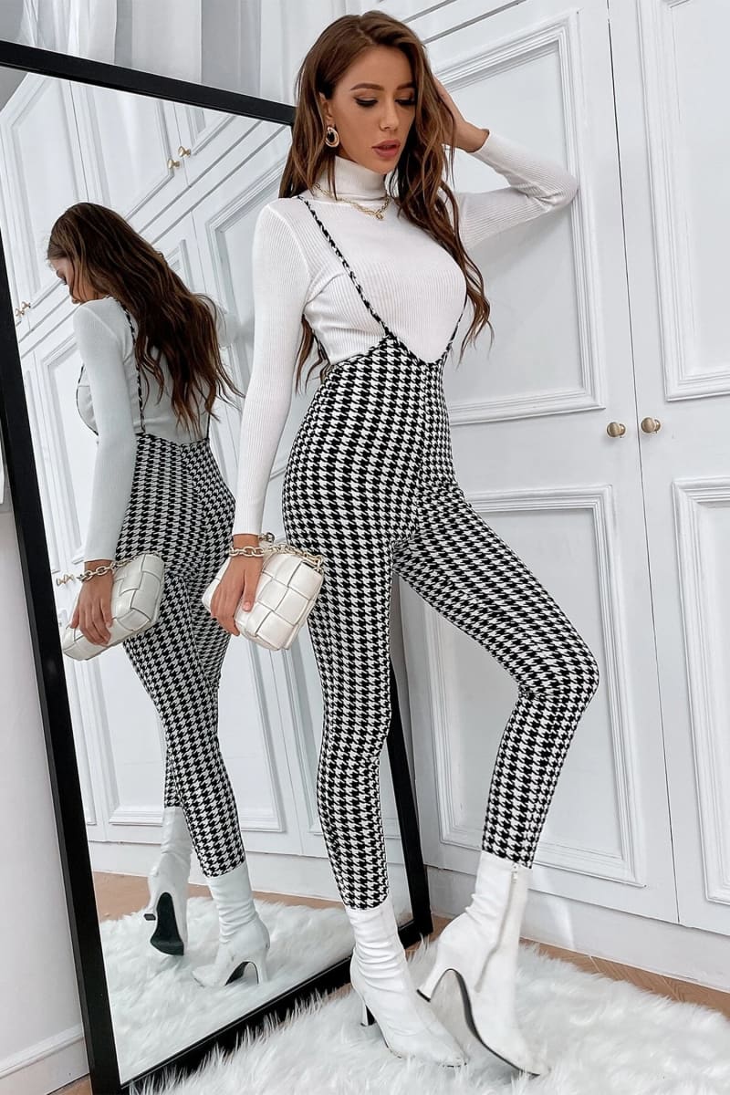 Black And White Plaid High Waist Suspender Jumpsuit Jumpsuits & Rompers