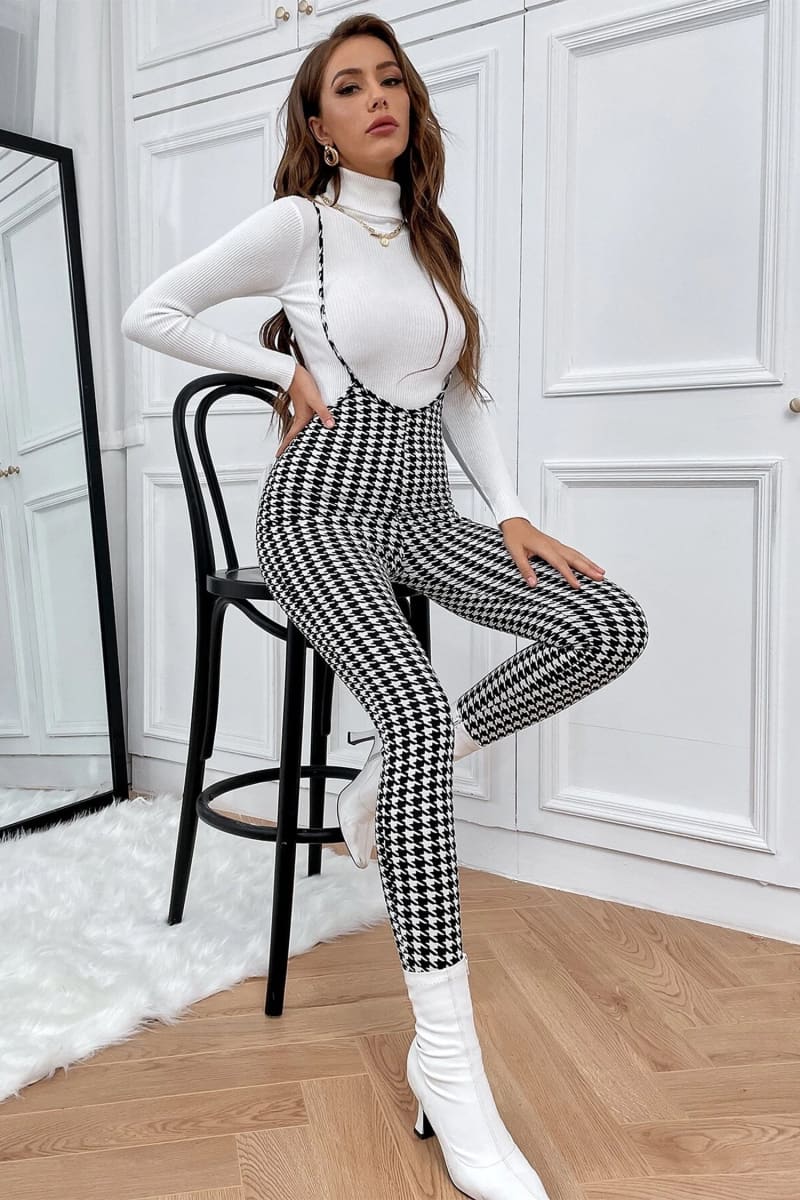 Black And White Plaid High Waist Suspender Jumpsuit Jumpsuits & Rompers