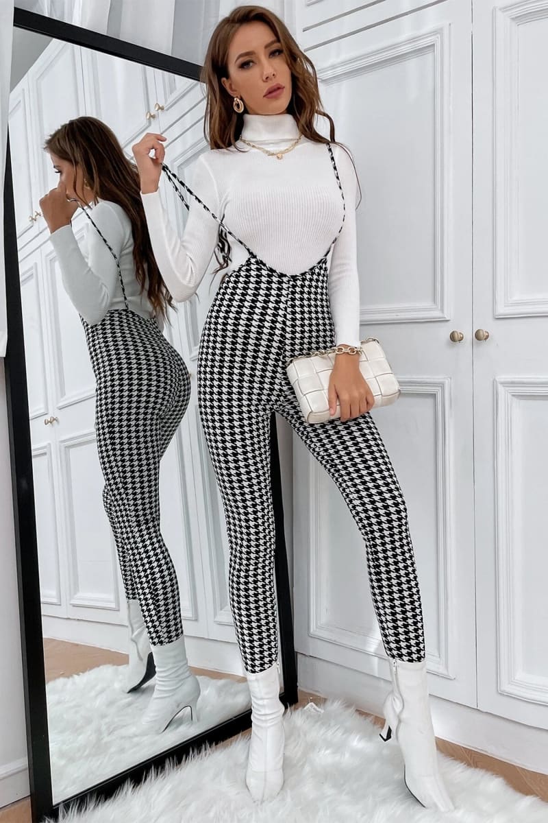 Black And White Plaid High Waist Suspender Jumpsuit Jumpsuits & Rompers