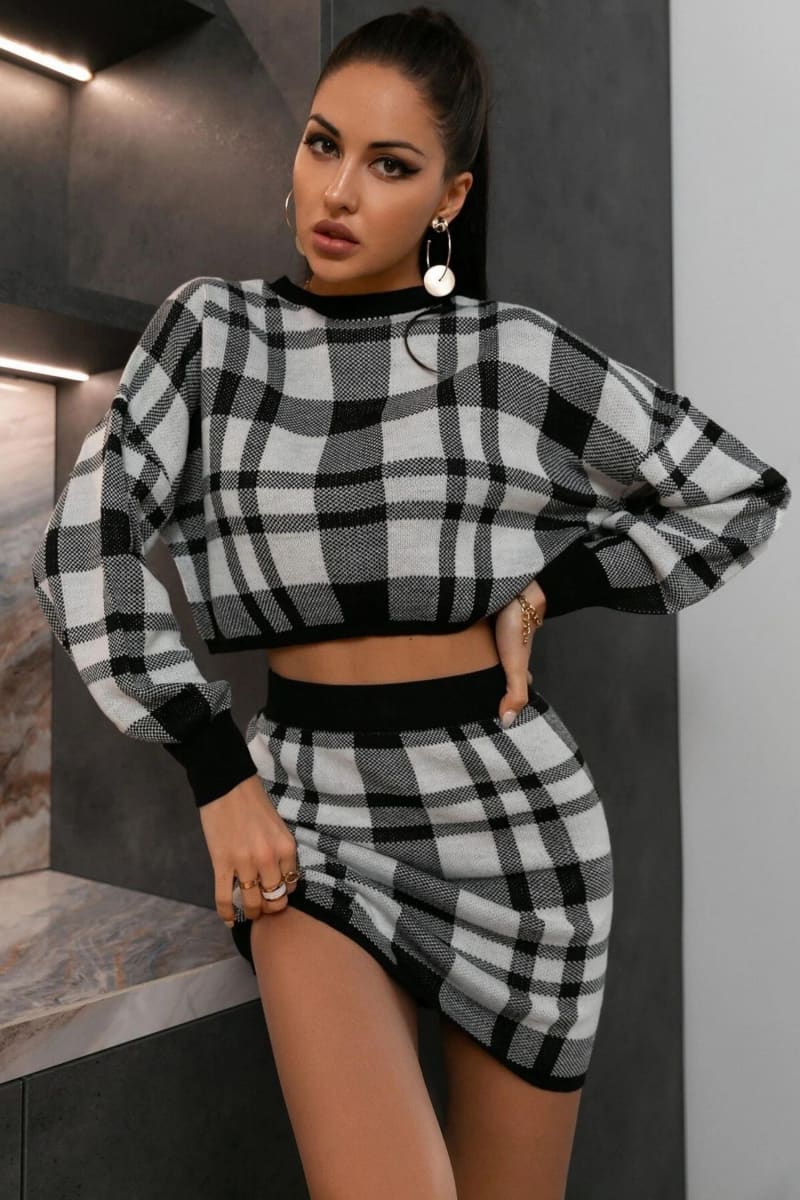 Black And White Plaid Two Piece Sweater Dress Outfit Sets