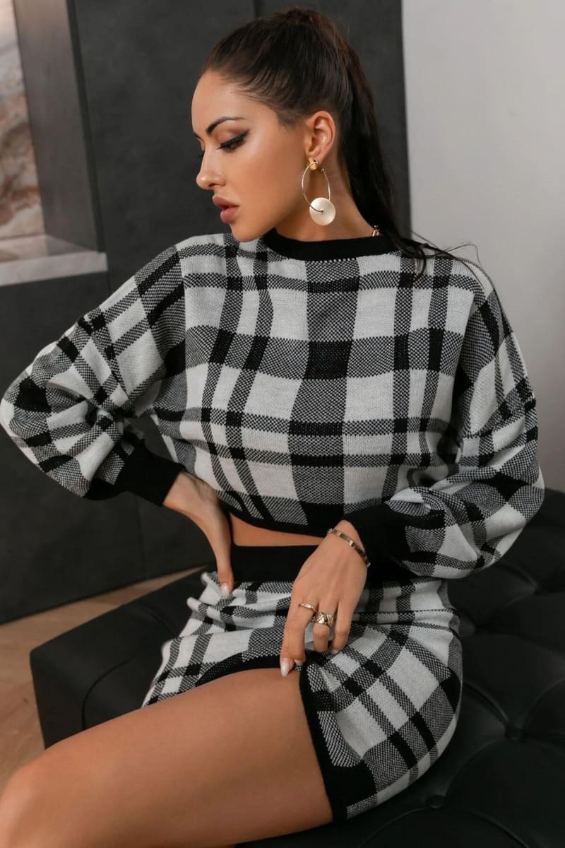 Black And White Plaid Two Piece Sweater Dress Outfit Sets