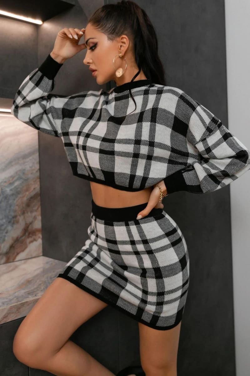 Black And White Plaid Two Piece Sweater Dress Outfit Sets