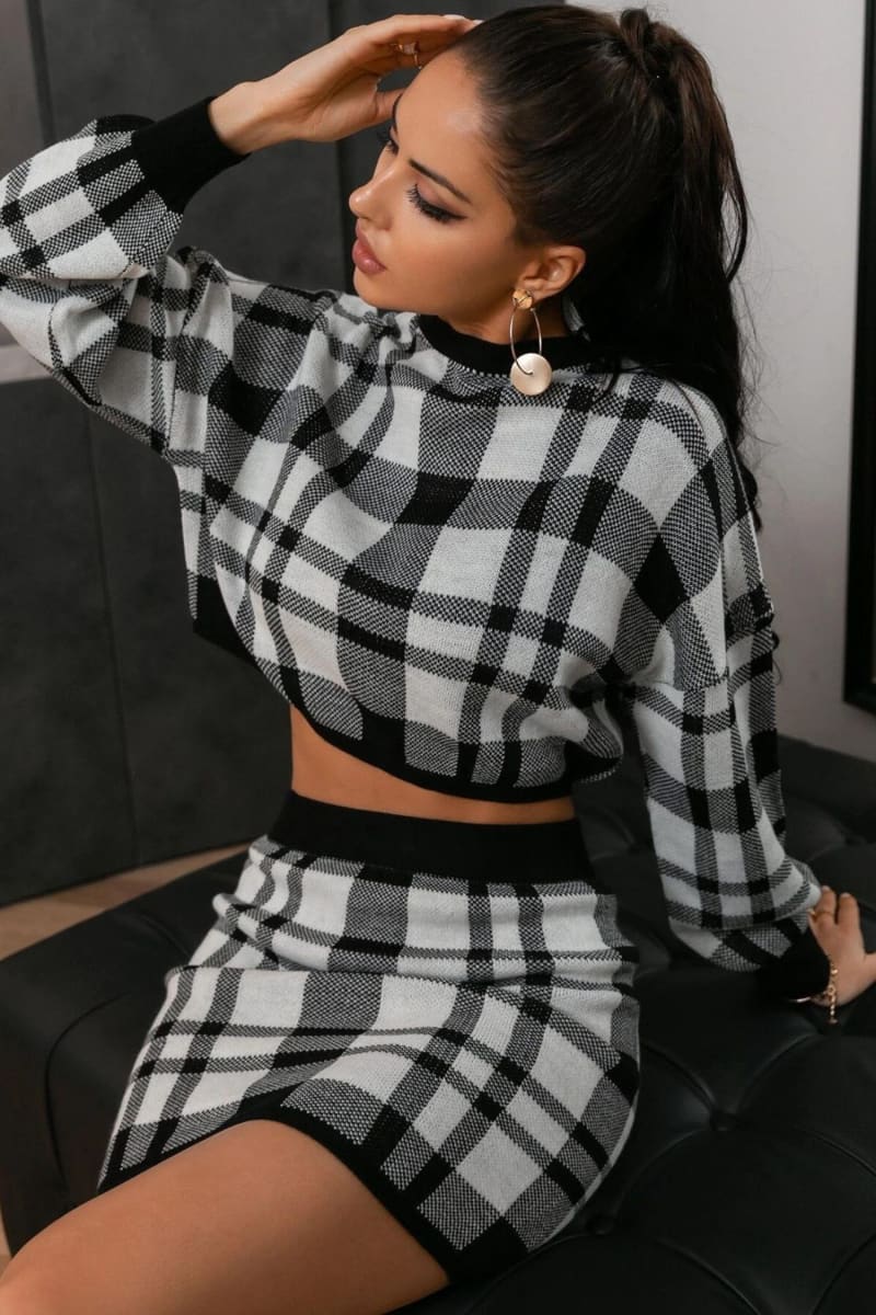 Black And White Plaid Two Piece Sweater Dress Outfit Sets