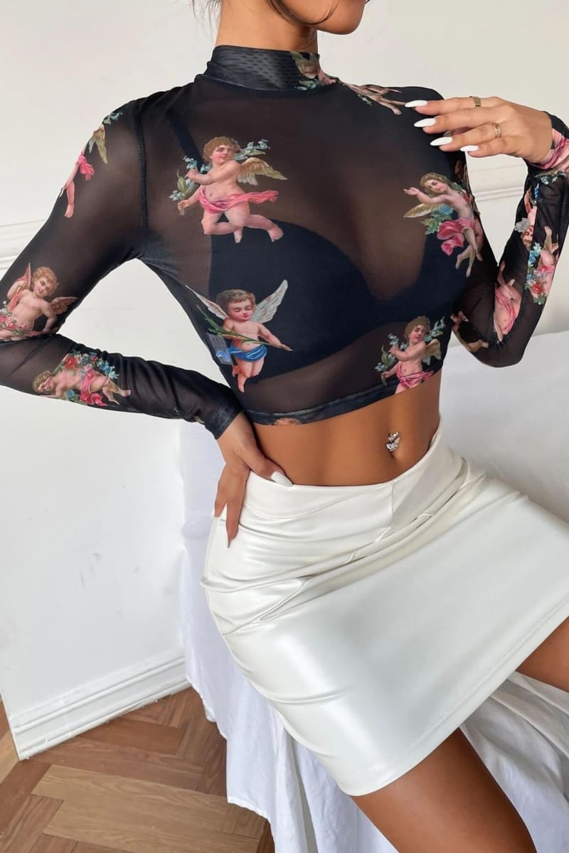 Black Angel Print Transparent Mesh Crop Top Shirts & Tops