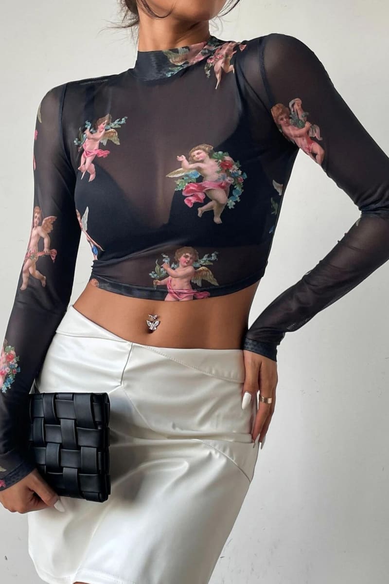 Black Angel Print Transparent Mesh Crop Top Shirts & Tops