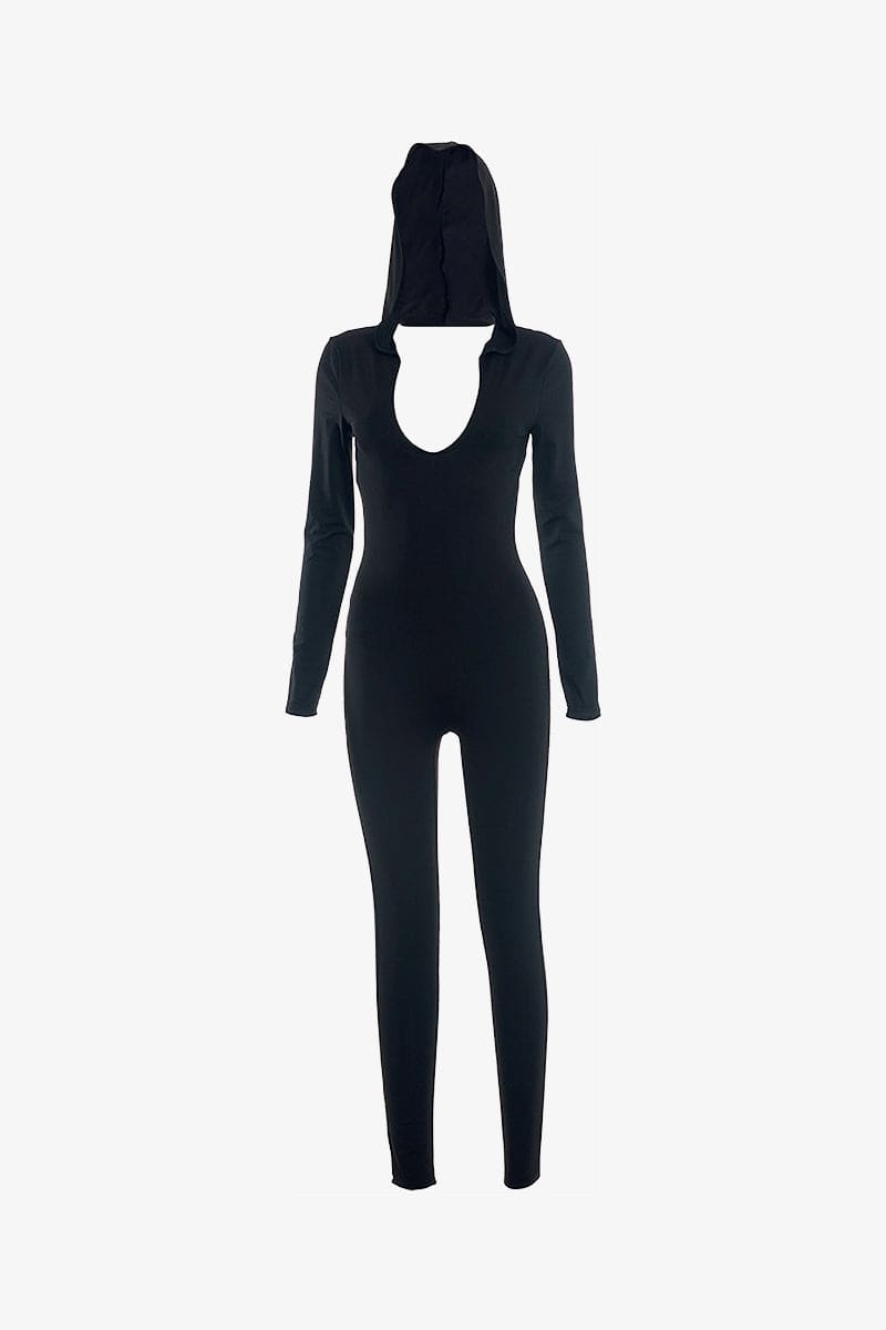 Black Backless Hooded Jumpsuit