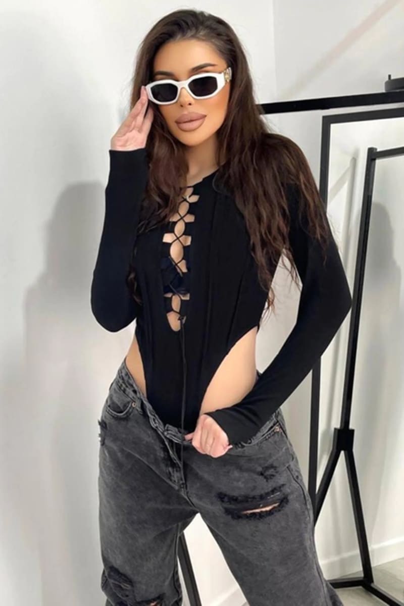 Black Contrast Stitch Lace-Up Bodysuit