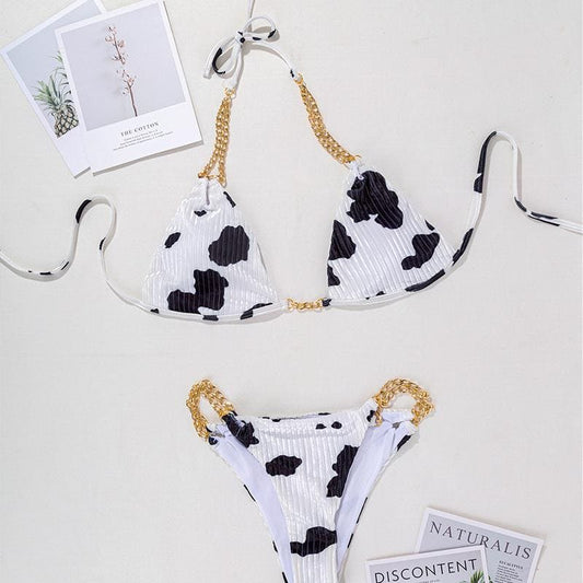 Black Cow Print Velvet Chain Bikini Bikini