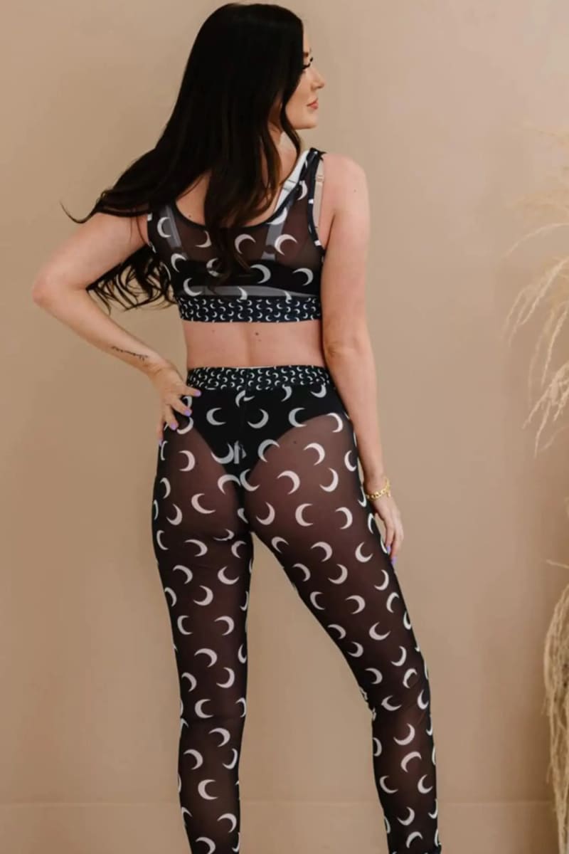 Black Crescent Moon Print Mesh Sports Bra & Leggings Set