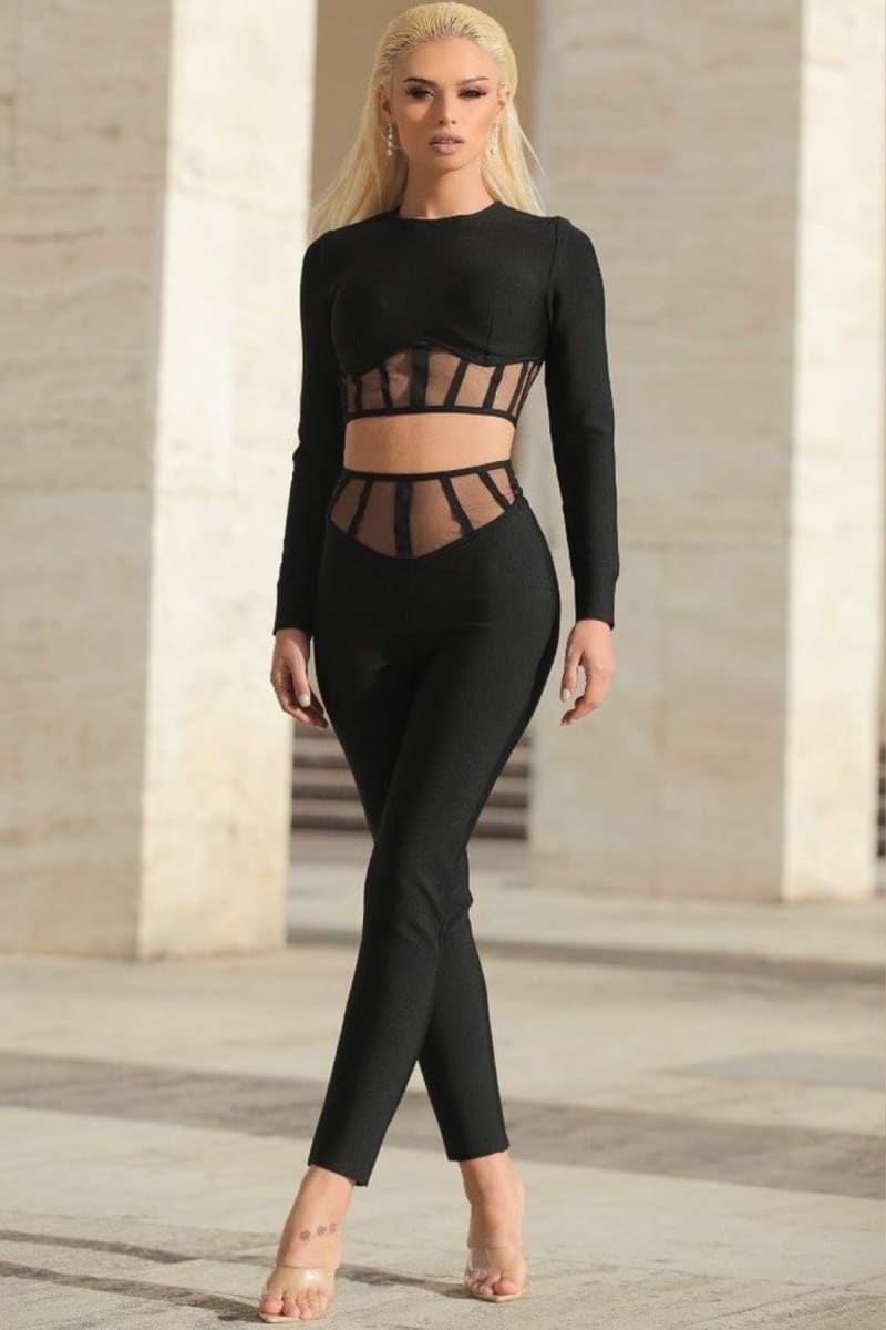 Black Crop Top And High Waisted Pant Set Set