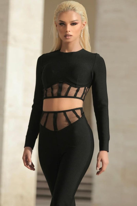 Black Crop Top And High Waisted Pant Set Set