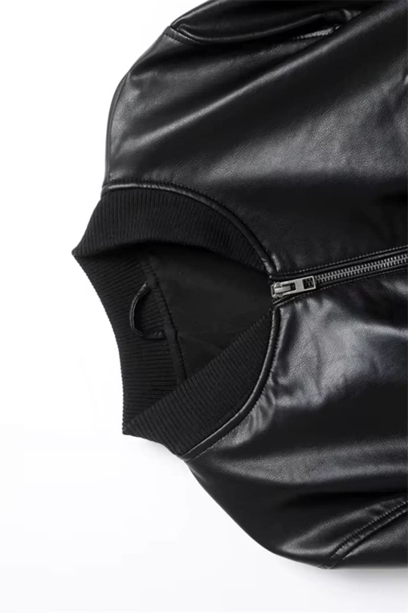 Black Cropped Leather Bomber Jacket