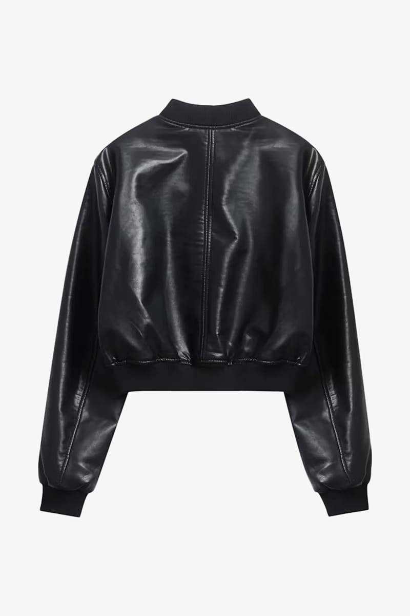 Black Cropped Leather Bomber Jacket