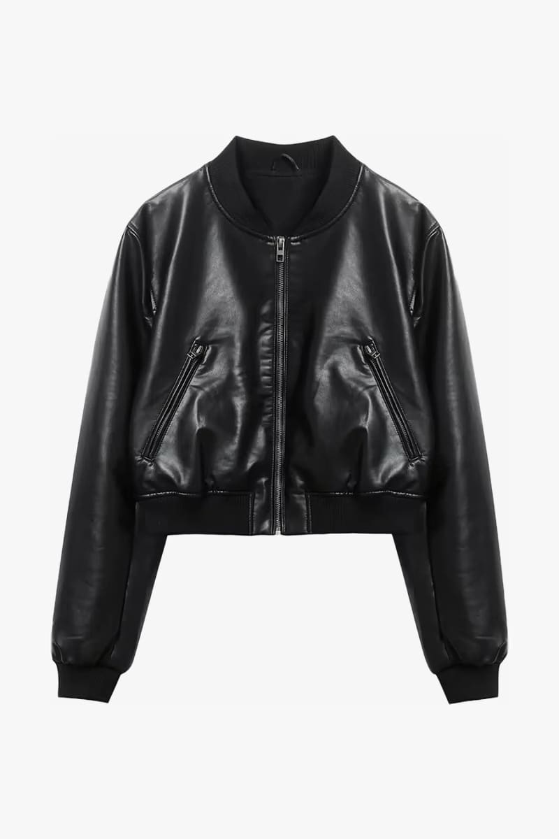 Black Cropped Leather Bomber Jacket