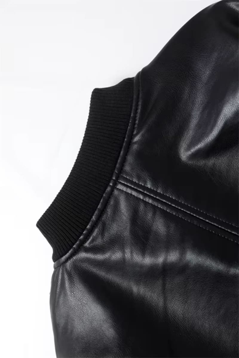 Black Cropped Leather Bomber Jacket