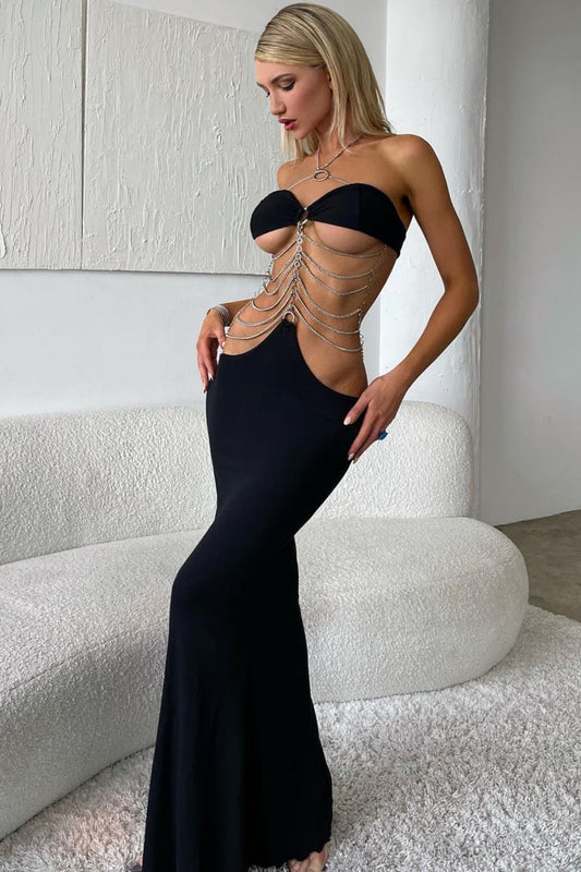 Black Cut Out Chain Bandeau Maxi Dress Dresses