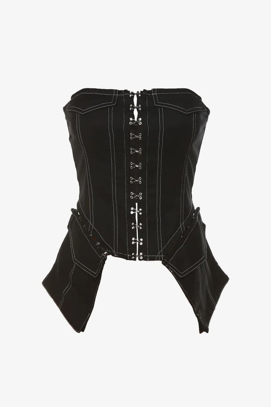 Black Denim Corset Top With Pockets