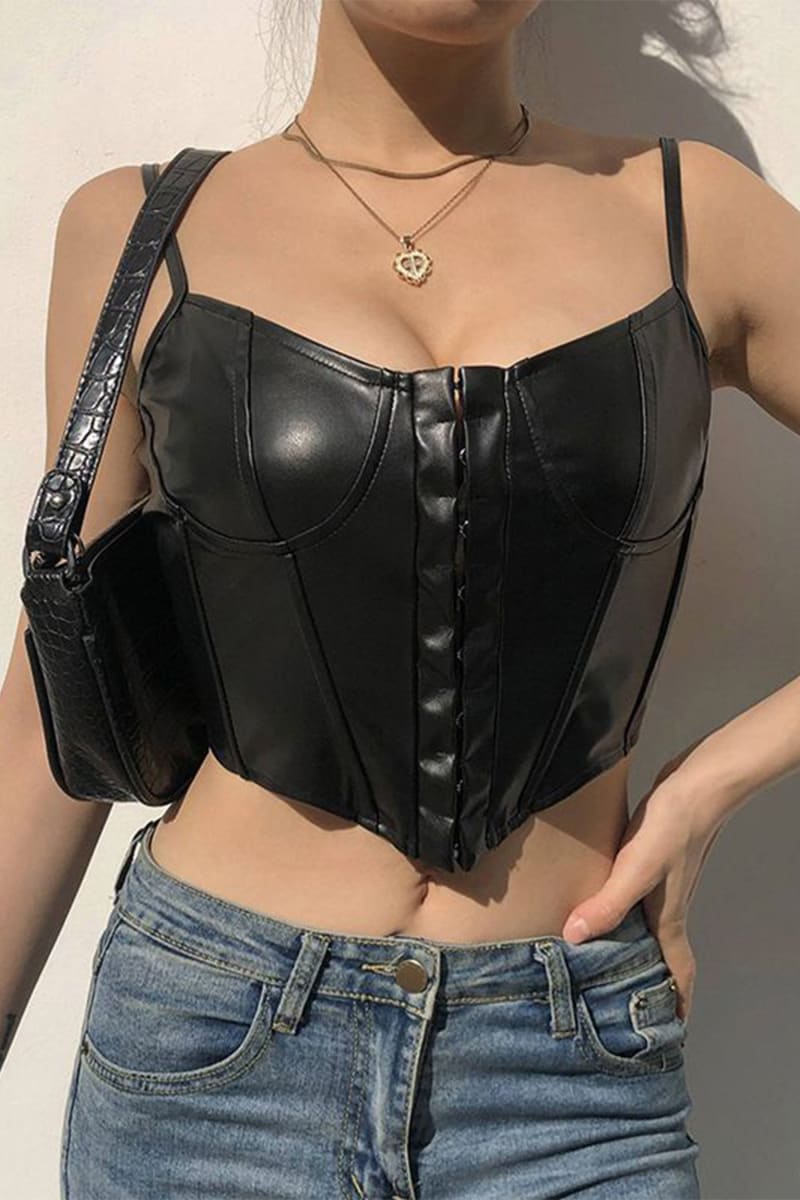 Black Faux Leather Busk Bustier Top S / Shirts & Tops