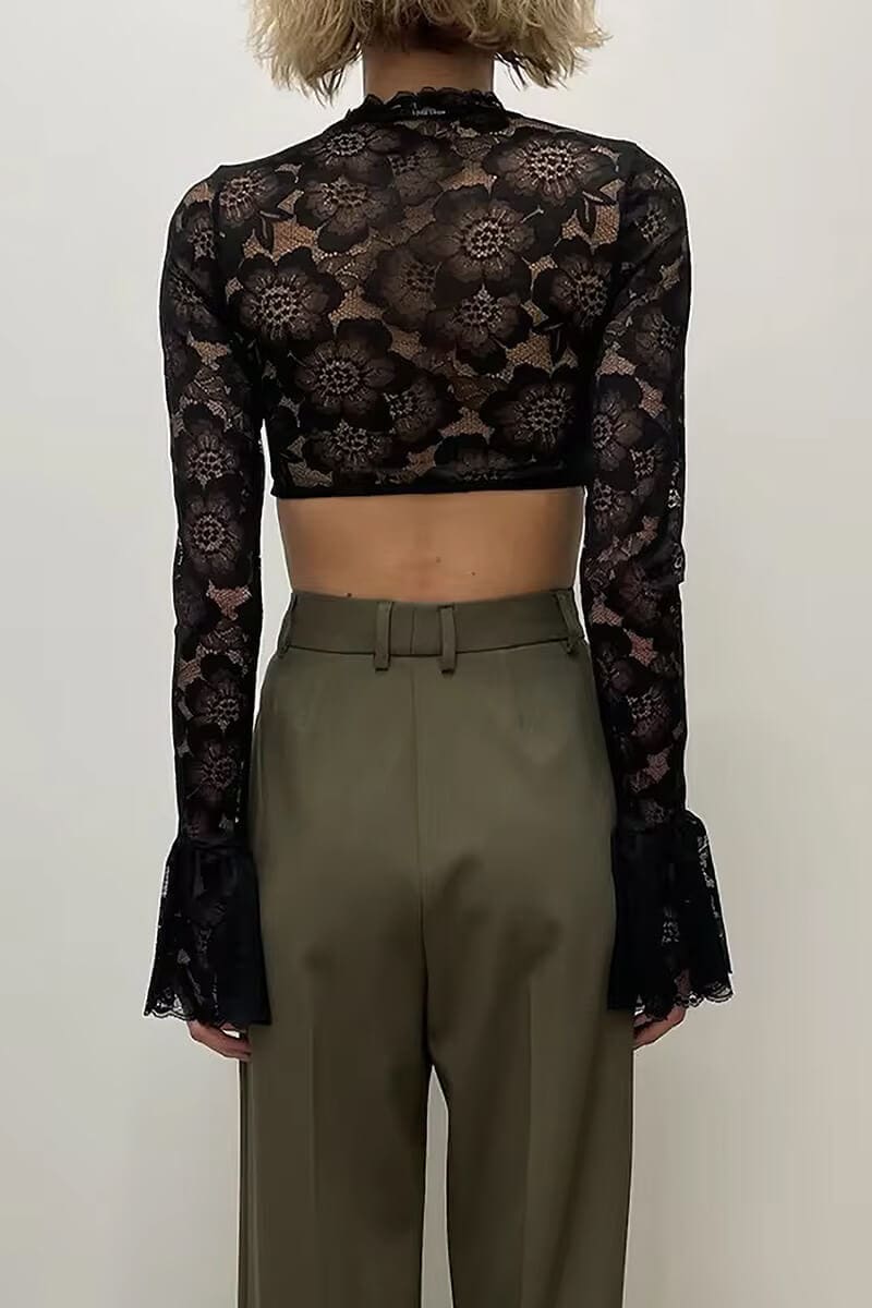 Black Flare Sleeve Lace Crop Top