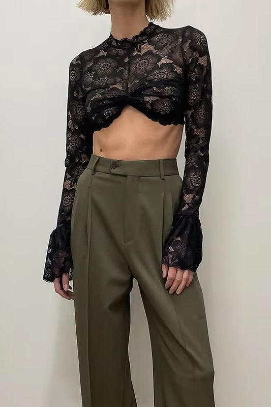 Black Flare Sleeve Lace Crop Top / S