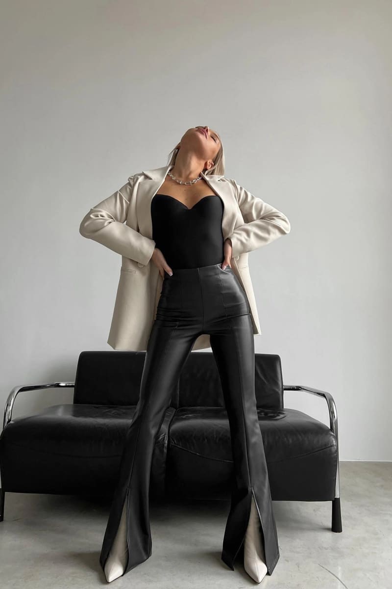 Black Front Split Hem Flare Leather Pants IRHAZ