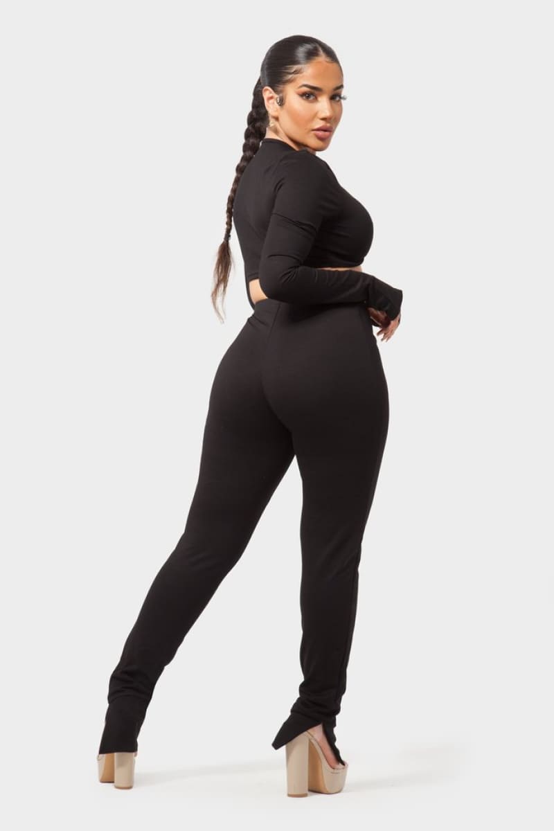 Black Front Tie Crop Top And High Waist Leggings Set Set