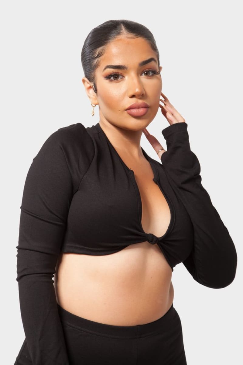 Black Front Tie Crop Top And High Waist Leggings Set Set