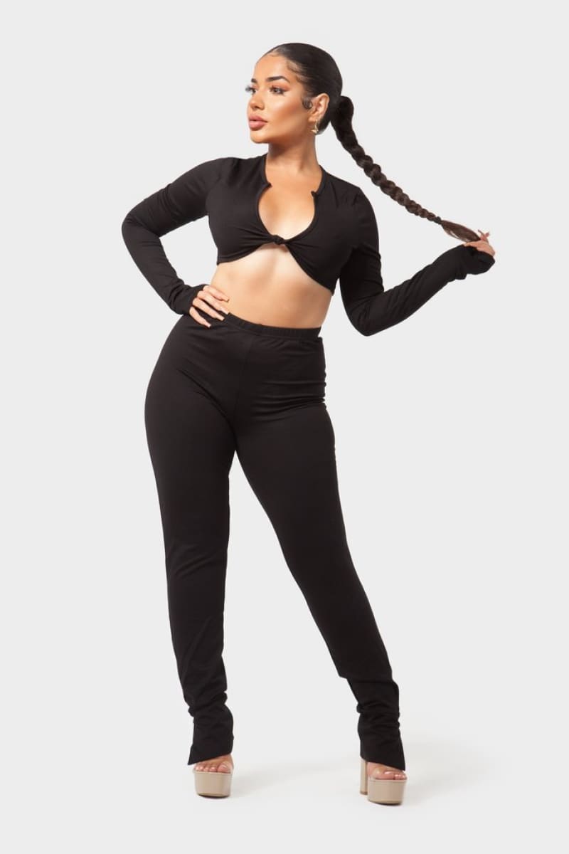 Black Front Tie Crop Top And High Waist Leggings Set Set