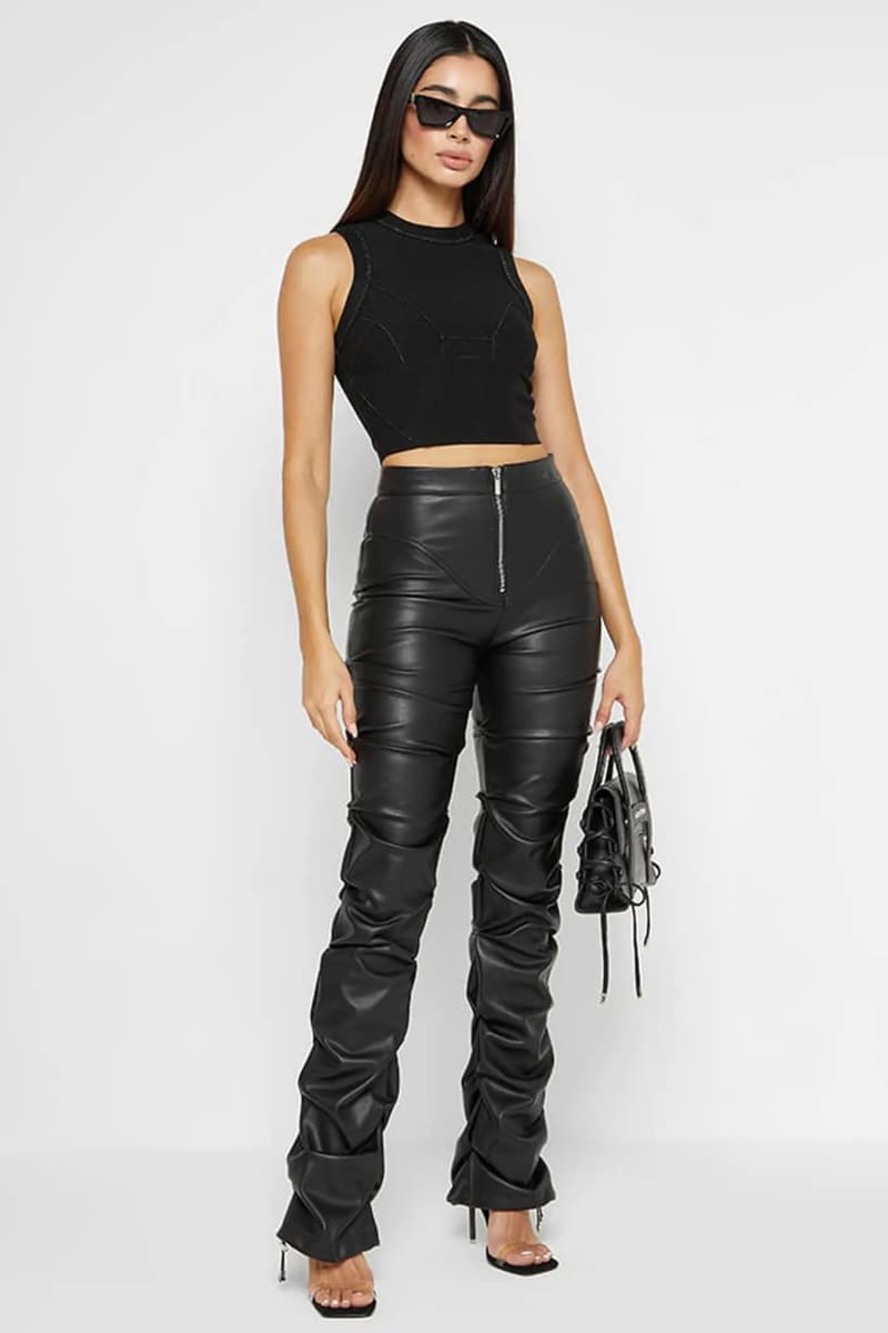 Black Front Zipper Stacked Leather Women’s Cargo Pants