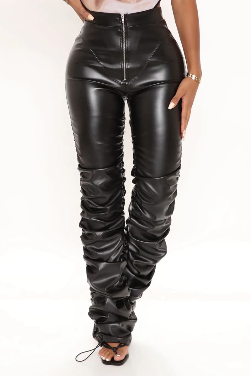 Black Front Zipper Stacked Leather Women’s Cargo Pants