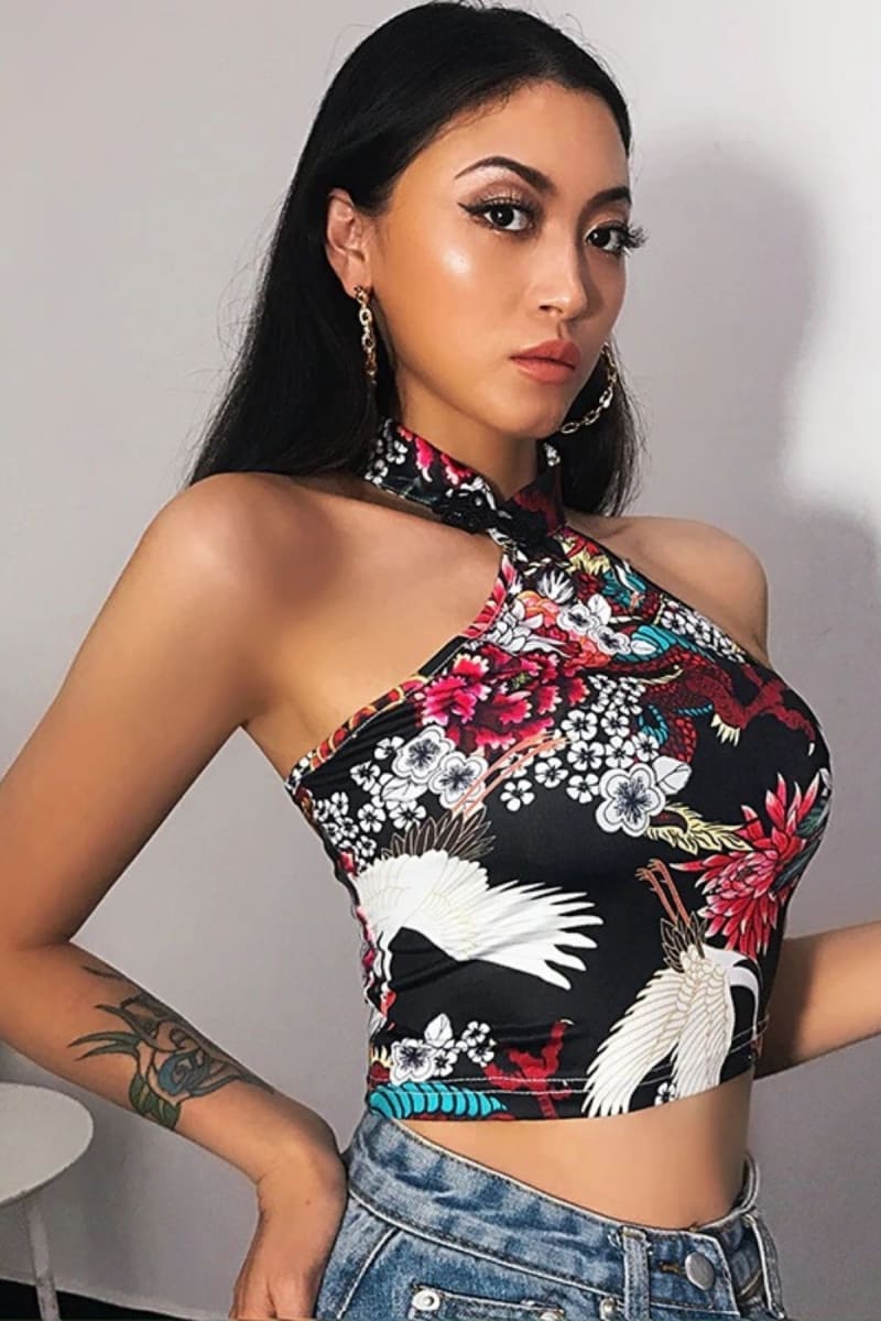 Black Halter Satin Dragon Crop Top Top