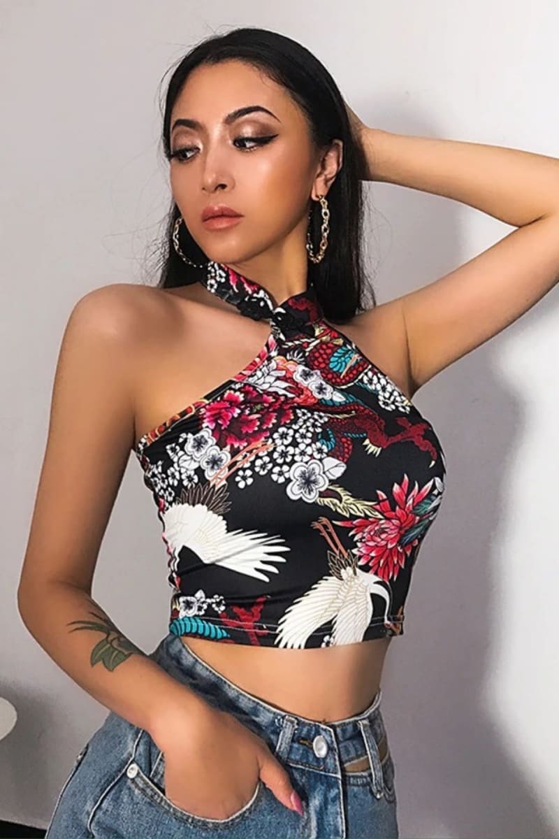 Black Halter Satin Dragon Crop Top Top