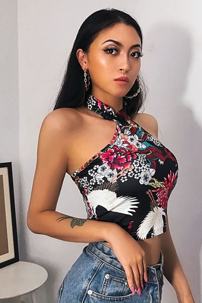 Black Halter Satin Dragon Crop Top Top