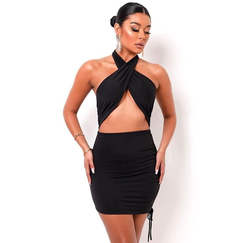 Black Halter Wrap Ruched Cutout Mini Dress Dress