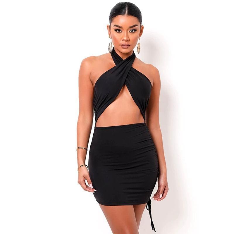 Black Halter Wrap Ruched Cutout Mini Dress Dress