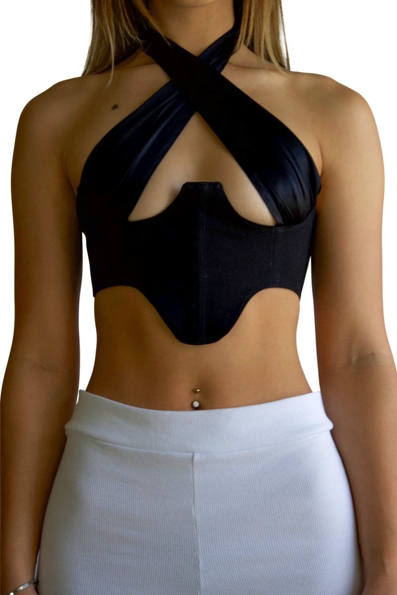 Black Halter Wrap Satin Crop Top