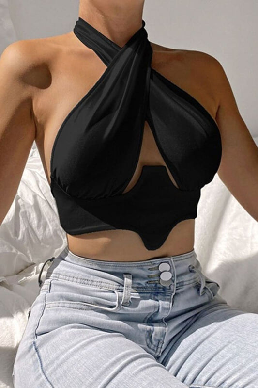 Black Halter Wrap Satin Crop Top S /