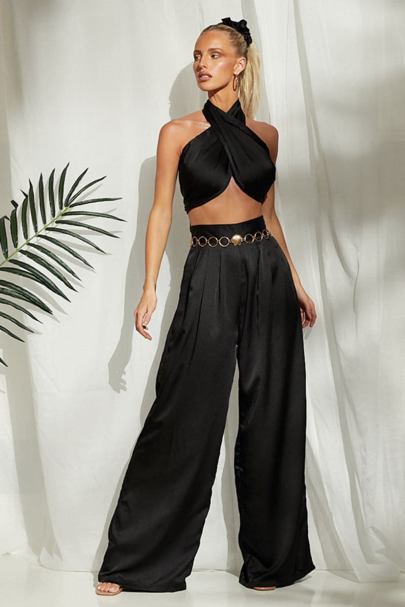 Black Halter Wrap Top And Palazzo Satin Pants Set Outfit Sets