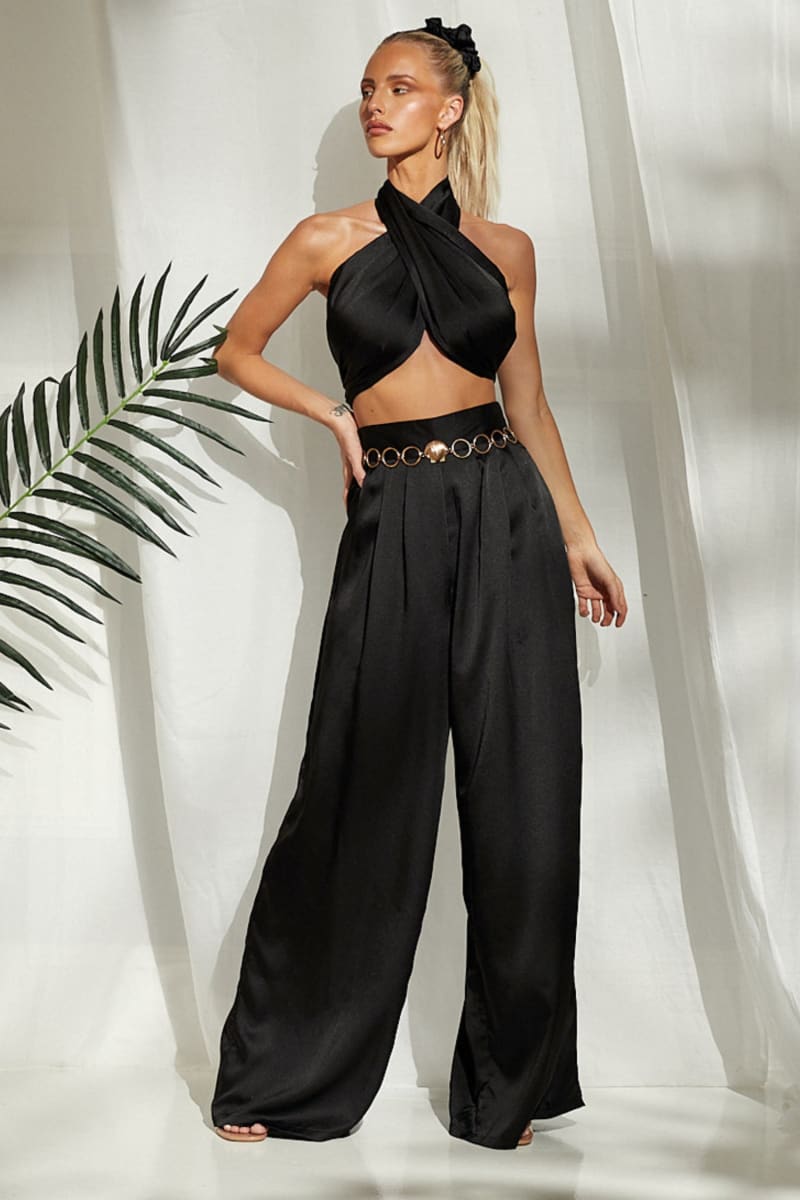 Black Halter Wrap Top And Palazzo Satin Pants Set Outfit Sets