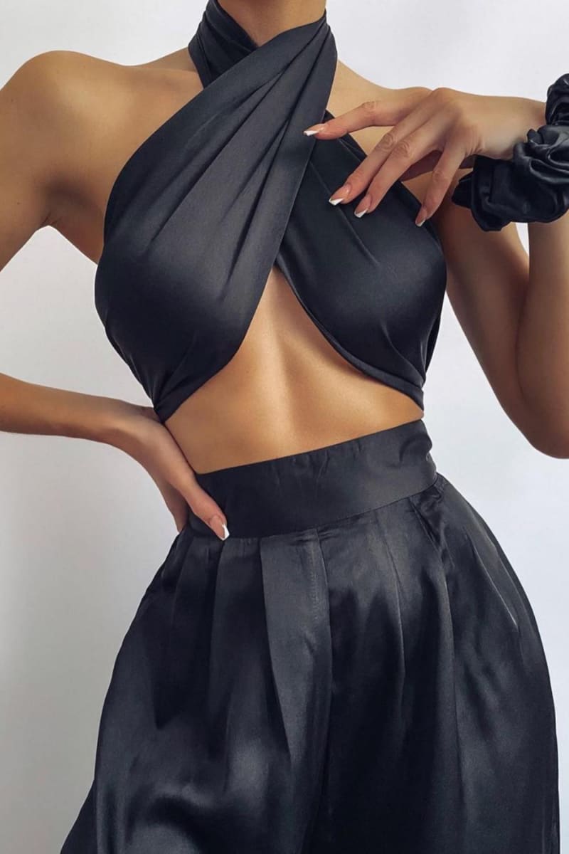 Black Halter Wrap Top And Palazzo Satin Pants Set Outfit Sets