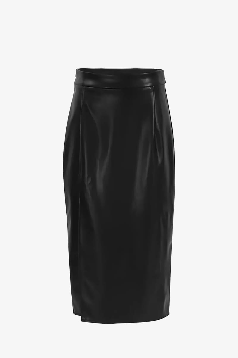 Black High Waisted Leather Slit Midi Skirt