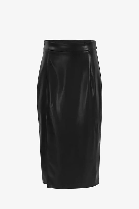 Black High Waisted Leather Slit Midi Skirt